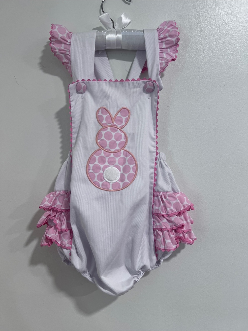 Girls Pink & White Bunny Appliqué Romper 2T